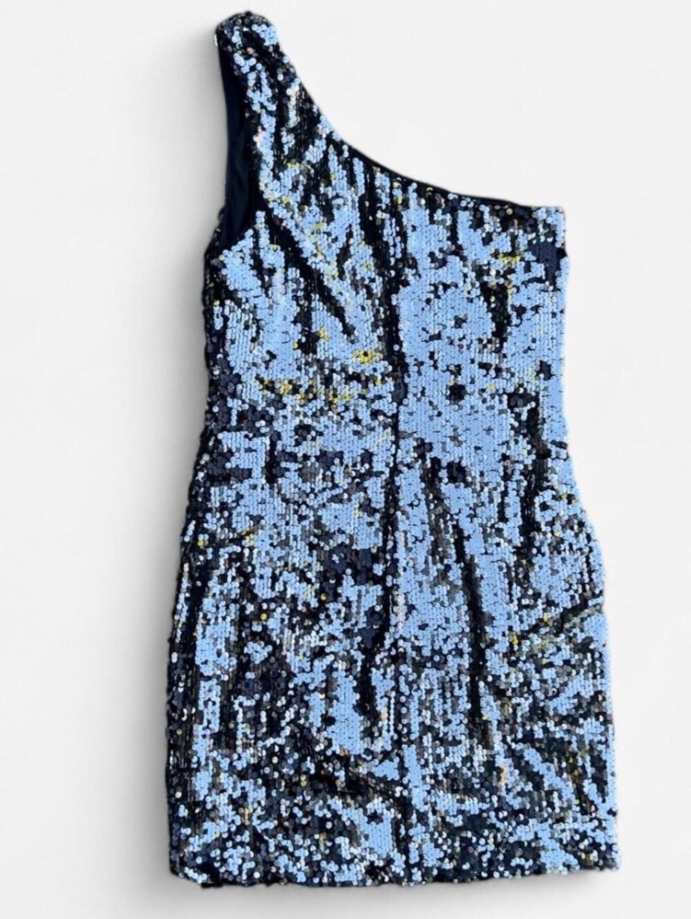 AUW Silver and Black Sequin One Shoulder Mini Dress